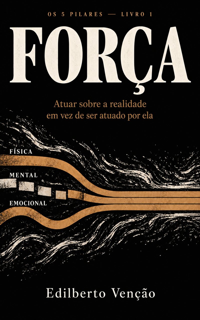 Capa do livro Força, da série Os 5 Pilares, de Edilberto Venção: três linhas de bronze, rotuladas física, mental e emocional, que entram em falha e saem alinhadas.